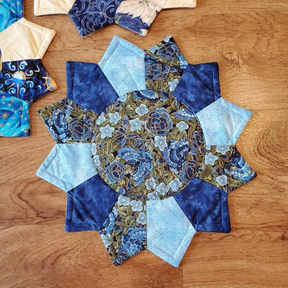 Handmade Quilted Hot Pads / Table Mats / Placemats, Set of 4, Blue Cream Silver - Picture 2 of 7